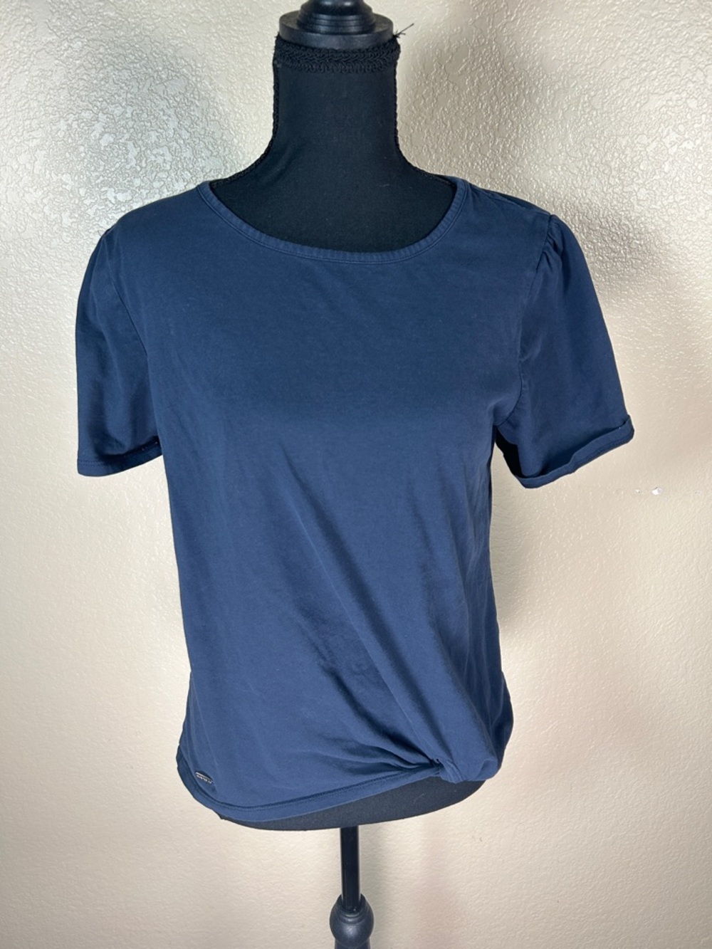 Nautica Navy Short Sleeve Crew Neck Tee Faux Wrap Side Ruched Detail